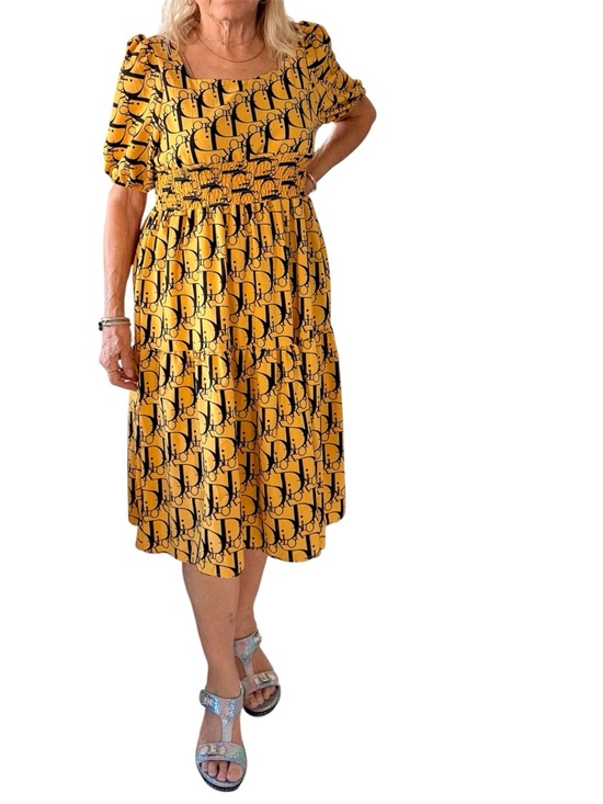 Dior Dresses & Skirts - Midi length dress square neck line, mustard yellow & black Dior print fabric